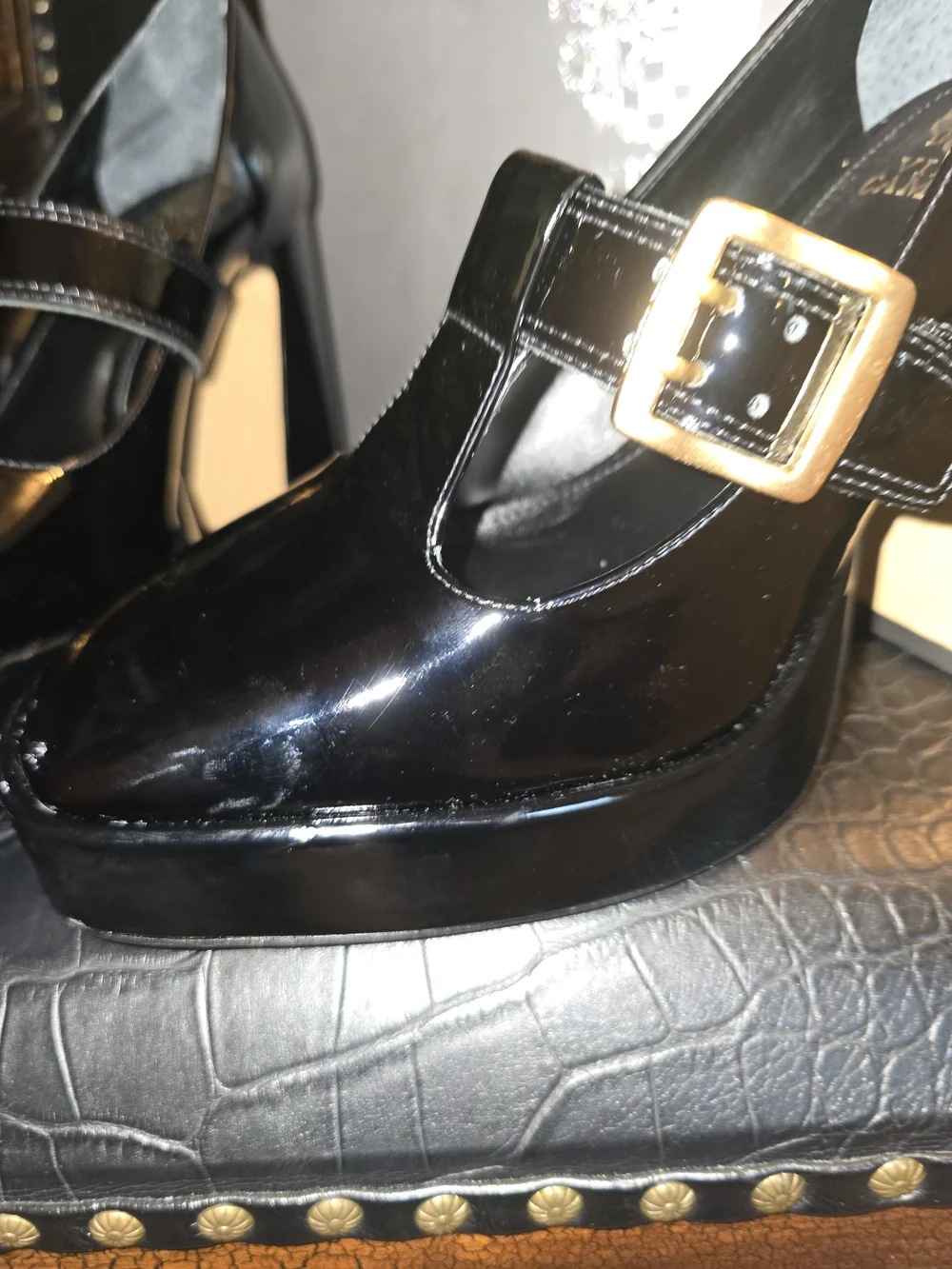 Vince Camuto Black Patent Mary Jane Platform Heels with Gold Buckle